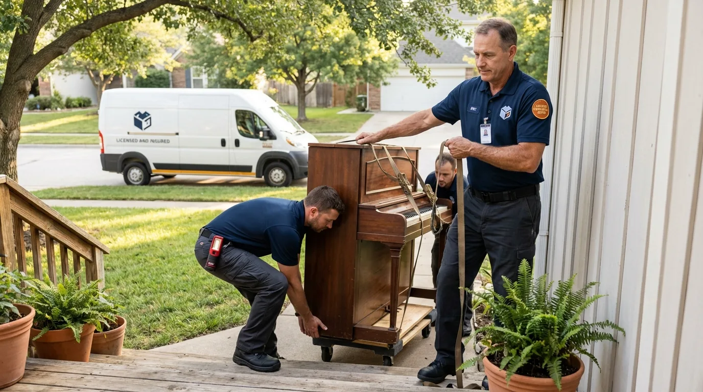 Licensed piano movers securing grand piano in Zellwood, FL