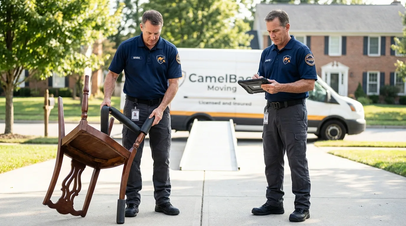 Movers inspecting furniture for damage prevention before loading in Zellwood, FL